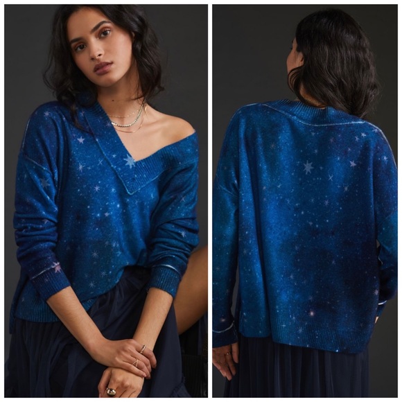 LAST CALL Anthropologie Pilcro V-Neck Navy Star Print Cashmere Sweater NWT XS/S - Picture 9 of 11